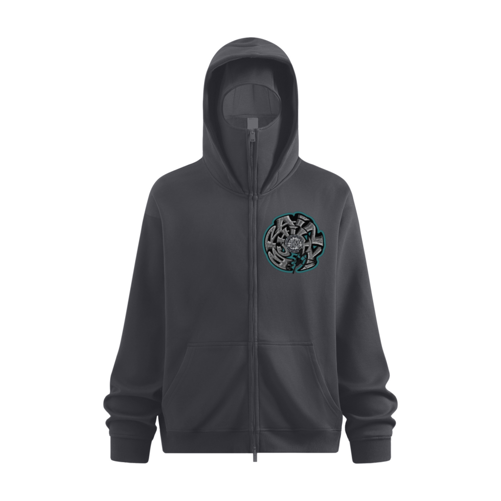 340GSM Men’s Trendy Fleece Zip-Up Windproof Face-Mask Hoodie Dark Grey