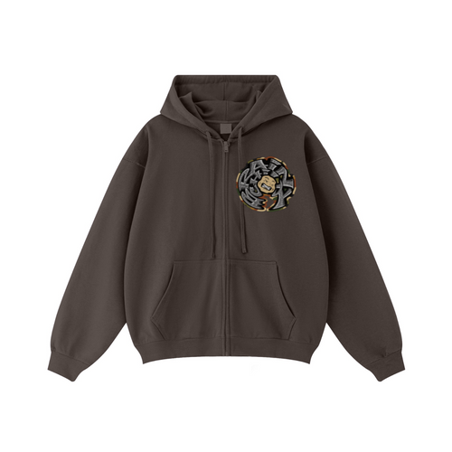 440GSM Unisex Fall&Winter Solid-Color Zip-Up Hoodie Dark Brown