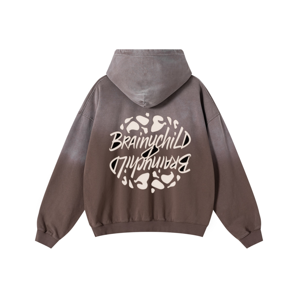 480GSM Unisex Monkey Wash Heavyweight French Terry Hoodie Vintage Brown