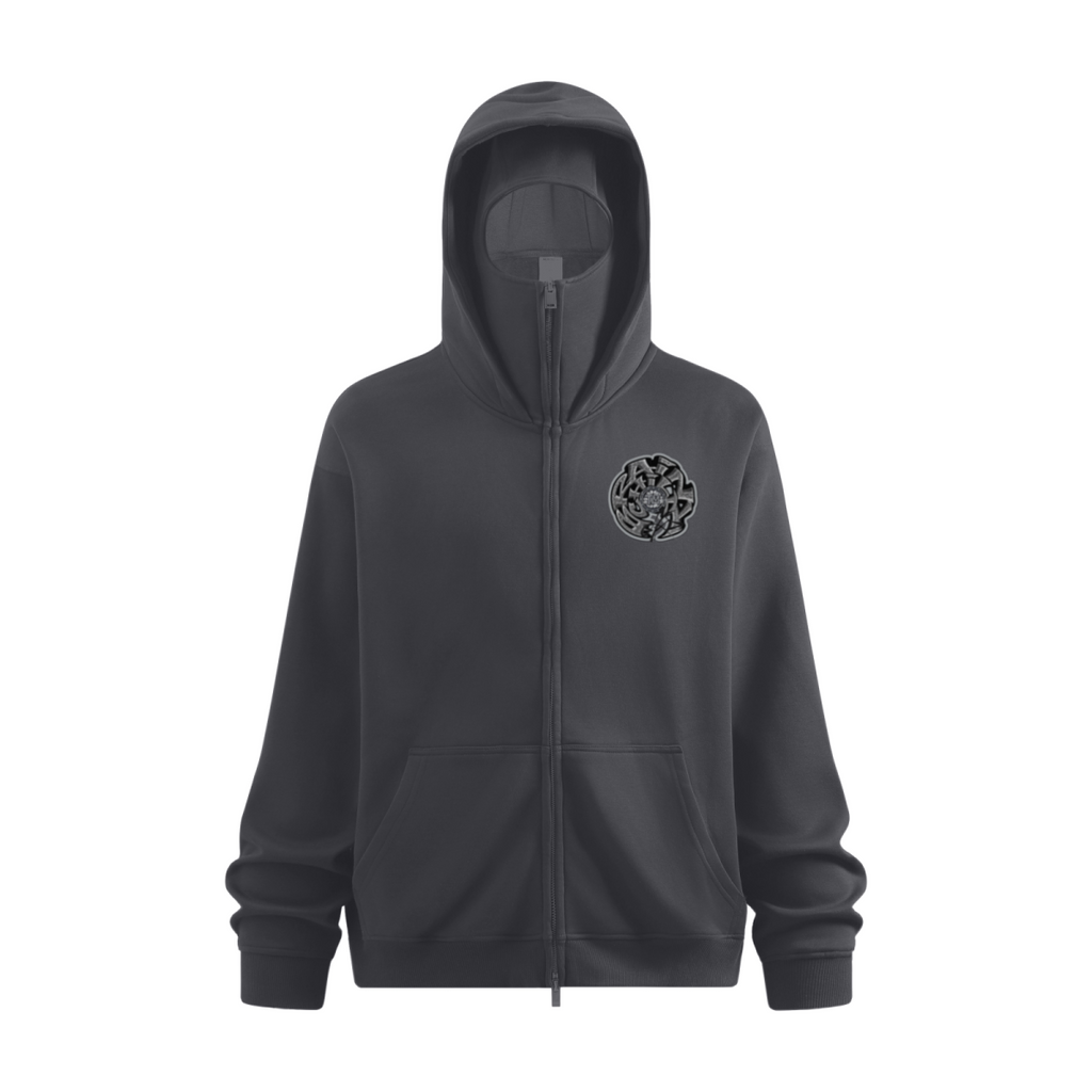 340GSM Men’s Trendy Fleece Zip-Up Windproof Face-Mask Hoodie Dark Grey
