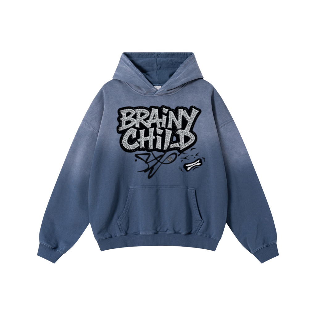 480GSM Unisex Monkey Wash Heavyweight French Terry Hoodie Vintage Blue