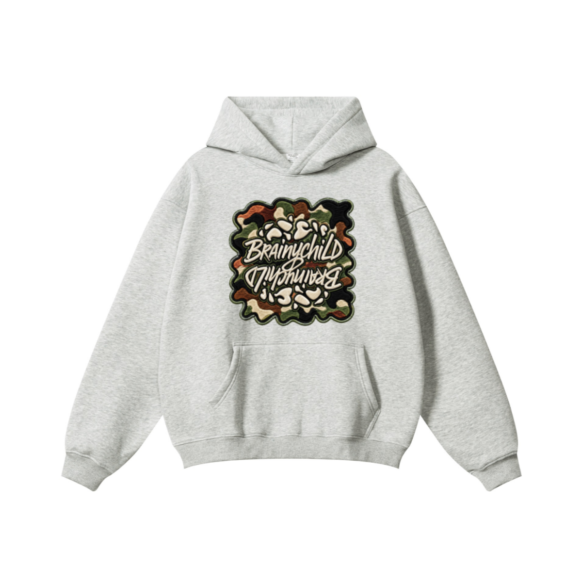 345GSM Men's Solid Color Pullover Hoodie Floral Beige