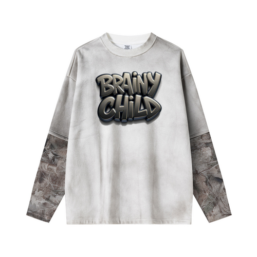 340GSM Unisex Heat-Transfer Desert Camouflage Faux-Two-Piece Long-Sleeve White