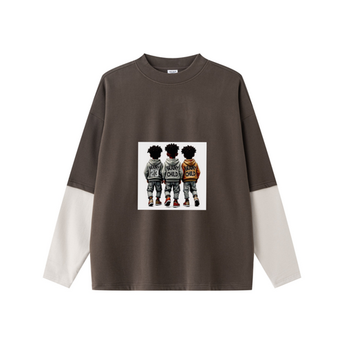 320GSM Unisex Faux Layered Solid Color Base Layer Long-Sleeve Coffee/Grey Apricot