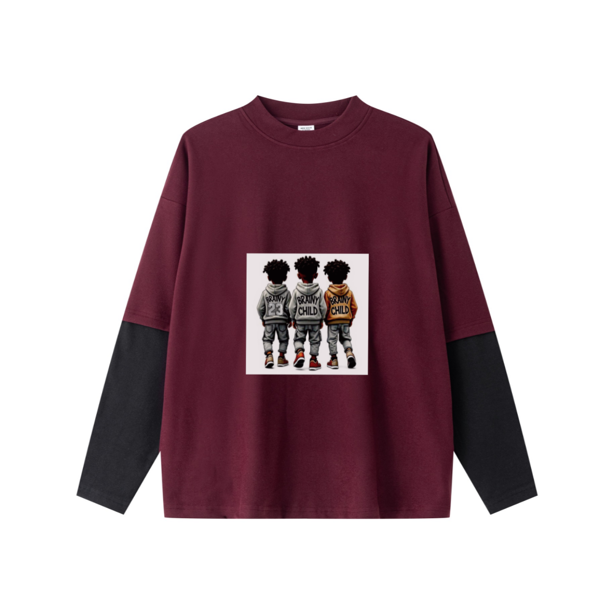 320GSM Unisex Faux Layered Solid Color Base Layer Long-Sleeve Dark Red/Black