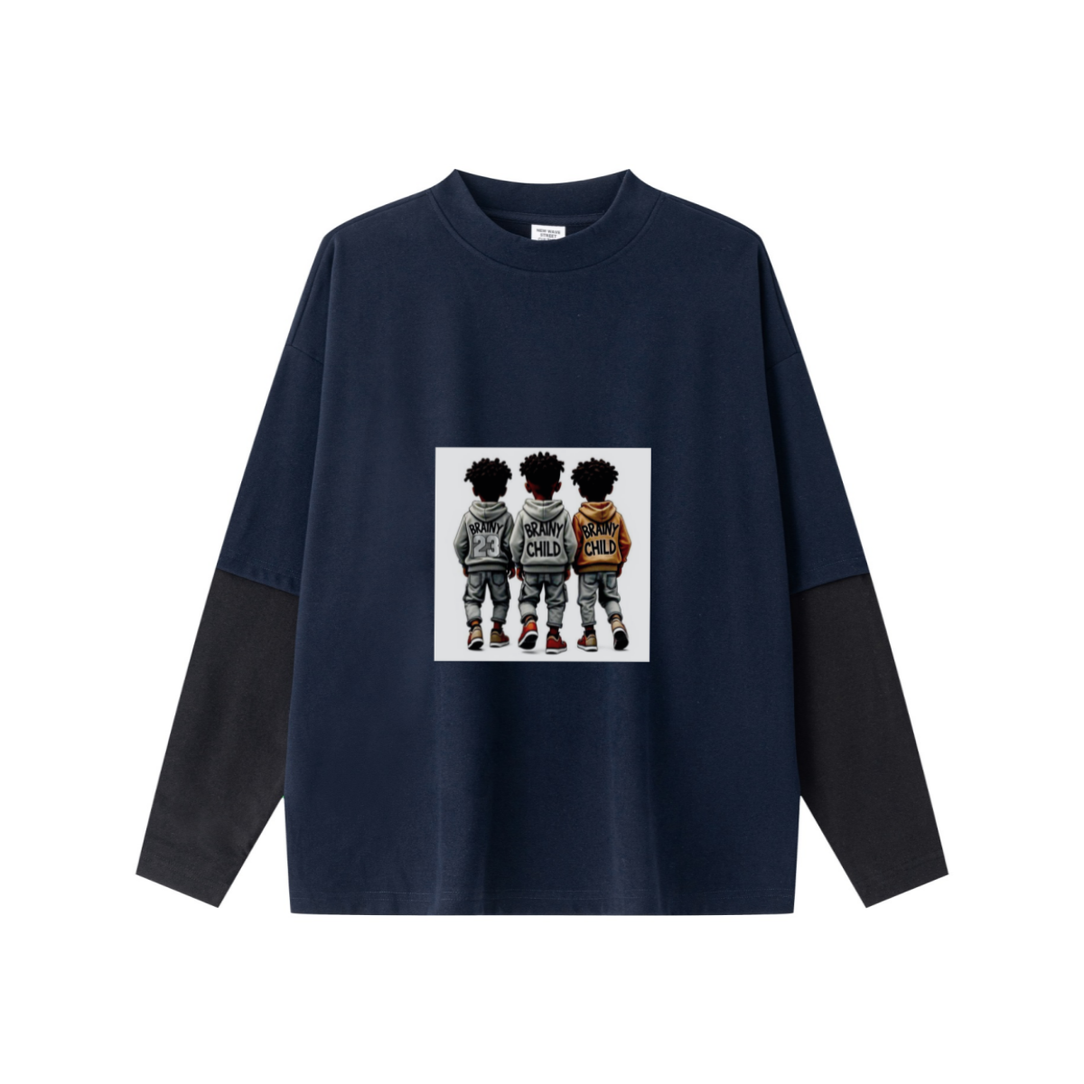 320GSM Unisex Faux Layered Solid Color Base Layer Long-Sleeve Navy Blue/Black